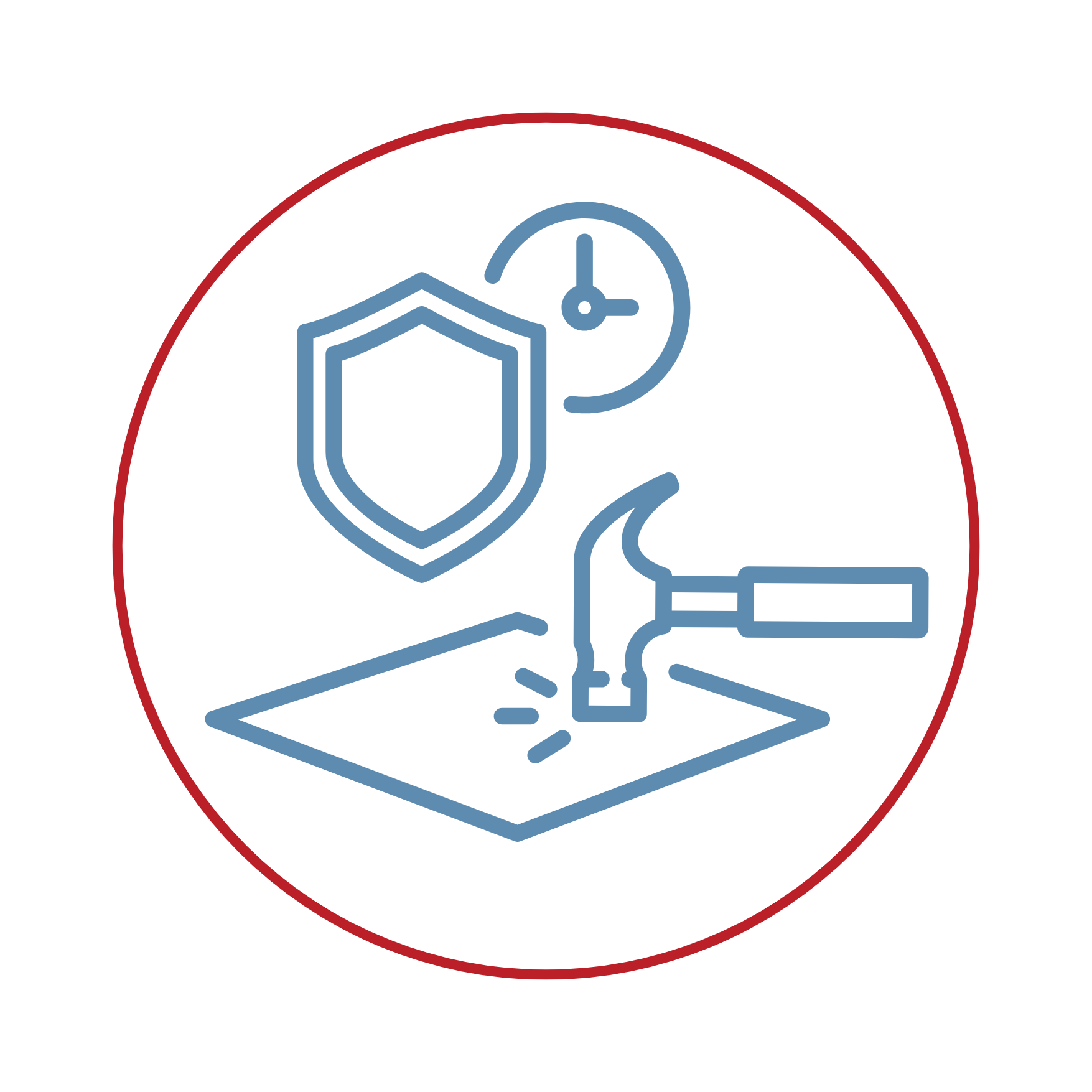 hammer hitting surface with shield and clock icon